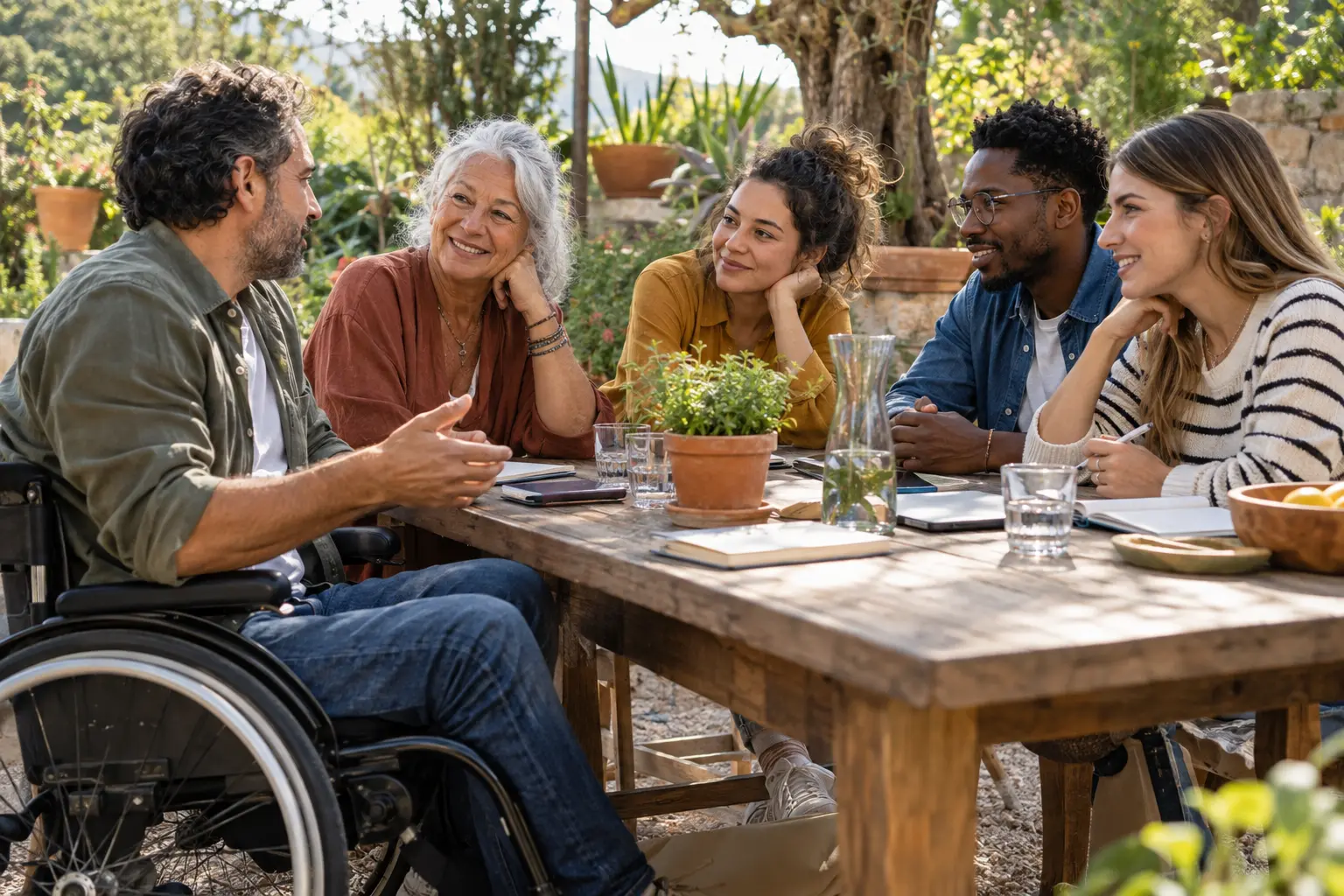 Illustrative scene of an inclusive intergenerational community conversation